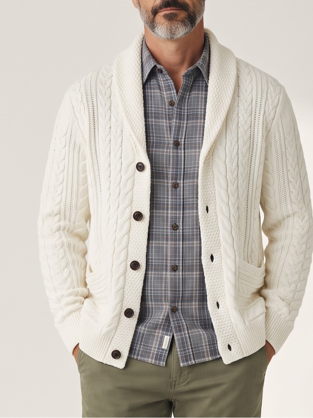 Lucky Brand Men’s M Cream Cable Knit Shawl Collar Cardigan Chunky Knit Heritage